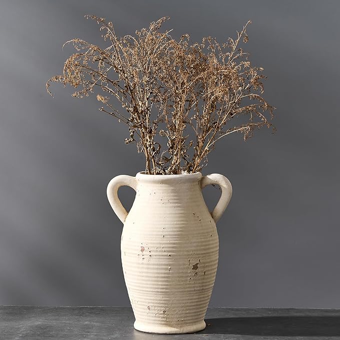 Large Ceramic Rustic Vase with 2 Handles, 9.8 inch Farmhouse Distressed Flower Vase for Home Decor, Living Room, Shelf Decor, Pampas Grass, Enterway, Table Decoration, Gift, White