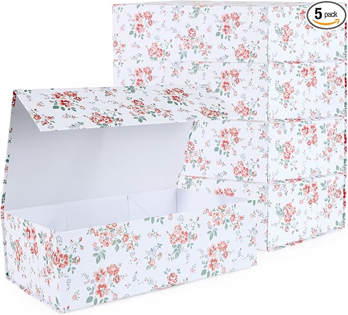 Rose Floral Gift Box with Magnetic Lids 13.8x8.3x4.4 in, Large Bridesmaid Proposal Boxes, Rectangle Wedding Decorative Storage Box 5 Pack