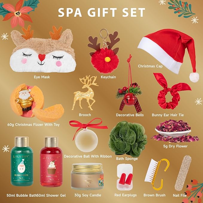 2025 Christmas Gifts for Women Mom - 16 Pcs Luxury Gift Box with Brooch and Cute Sleeping Mask, Bath and Body Spa Gift Set for Women｜Spa Set Bath Gift Idea for Female Friends