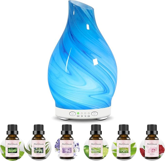 Essential Oil Diffuser & Essential Oils Set - Glass Ultrasonic Aromatherapy Diffuser with 6 Essential Oils Set, Oil Diffuser 7 Color Changing Light Quiet 4Timer Waterless Auto-Off for Home Office