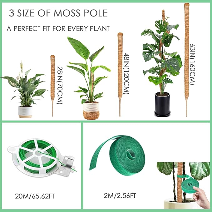 3 Pack Bendable Moss Pole 28" 48" 63" Monstera Plant Support Stakes for Climbing Indoor Plants -Tall Coir Plant Pole Sticks Support Stakes for Potted Plant, Pothos, Philodendron Houseplants