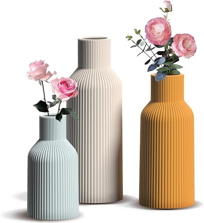 Colorful Ceramic Vases Set of 3, Colorful Ribbed Decorative Vases - Table Centerpieces for Wedding, Living Room, Office & Shelf Decor
