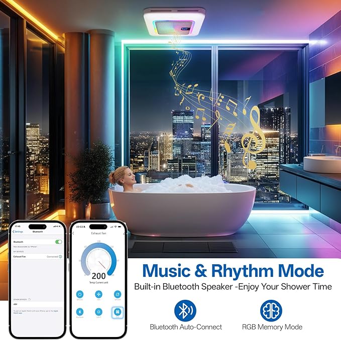 Smart Bathroom Exhaust Fan with Bluetooth Speaker, 230 CFM 1.0 Sone Exhaust Fan with Humidity & Odor Sensor, Remote/App/Voice Control, Adjustable LED Lighting & Dynamic RGB Mood Light (Grey)