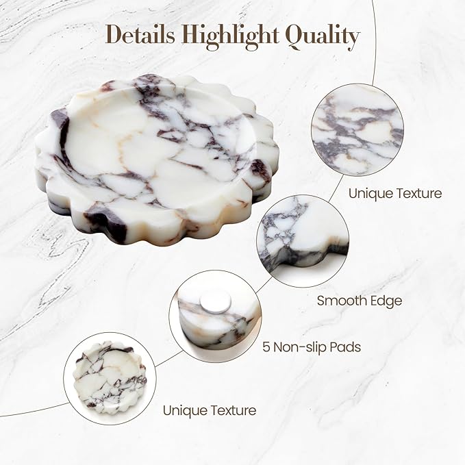 Calacatta Viola Scalloped Marble Tray, Natural Marble Jewelry Dish, Luxury Decorative Trays for Bathroom, Vanity, Dresser, Kitchen & Home Decor, House Warming Gifts New Home (Round, 6.3Inch)