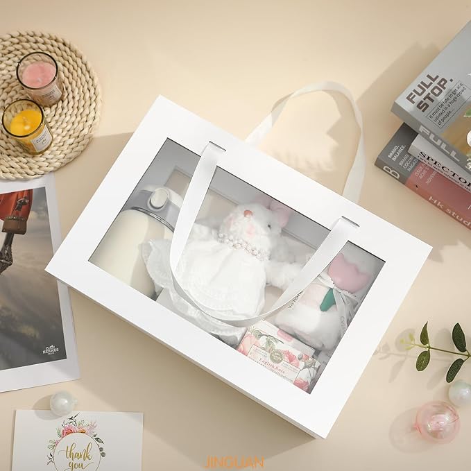 Large White Clear Gift Box, 13.5x9x4.1 Inches Gift Box with Window by Handle, Bridesmaid Proposal Box, Collapsible Gift Box with Magnetic Closure (Glossy White, 1 Pack)