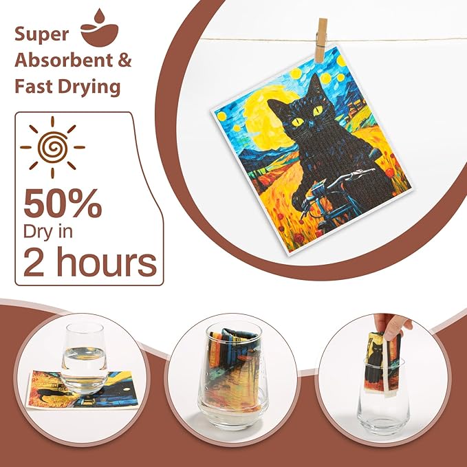 Lucomb 10 Pack Swedish Dishcloth Cellulose Sponge Cloths Bulk, Reusable Absorbent Kitchen Towels Dish Cloths Set Quick Drying Washable for Dishes Counters