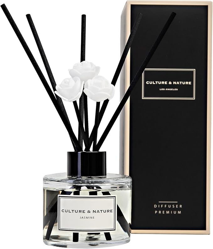 CULTURE & NATURE Reed Diffuser Set 4oz (120ml) Jasmine Scented Diffuser with Sticks Home Fragrance Reed Diffuser for Bathroom Shelf Decor