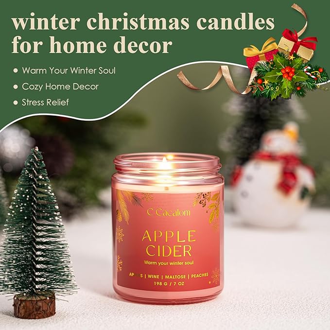 Christmas Soy Candles for Christmas Home Decor Non-Toxic Aromatherapy Scented Candles for Holiday Christmas Gifts, Cozy Cute Jar Candle, Winter Candle for Women Men, Apple Cider Scent Candle