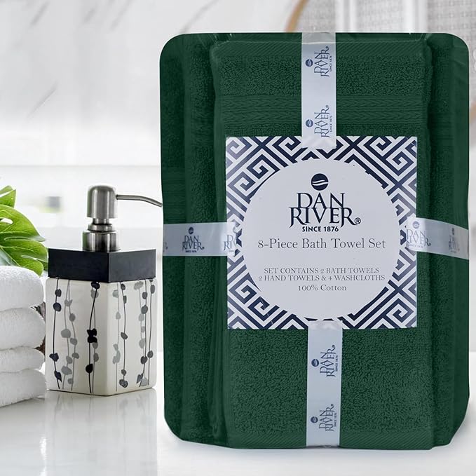DAN RIVER 8 PC Luxury Bath Towels for Bathroom, 2 Bath, 2 Hand, and 4 Wash Cloths, 600 GSM 100% Ring Spun Cotton Towel Set, Highly Absorbent, Gym, Hotel, and Spa, Hunter Green