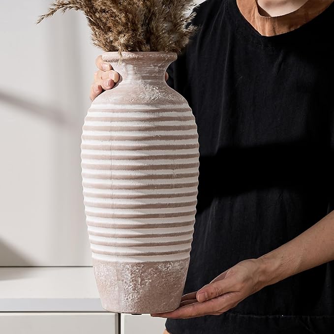 Ceramic Rustic Vase, 14.4 Inch Large Vintage Flower | Threaded Decorative Farmhouse Tall Vase for Home Decor, Living Room, Shelf Decor, Wedding Housewarming Gift, Khaki