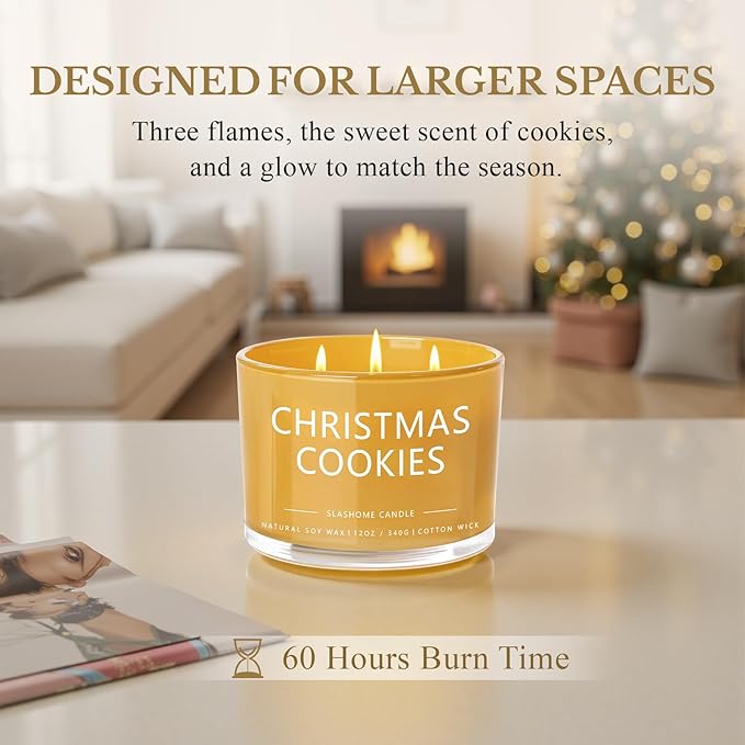Christmas Cookie Candle, Large 3 Wick 12oz Soy Scented Candle, Luxury Christmas Birthday & Winter Holiday Gift for Women & Men, Long Lasting 60+ Hour Clean Non-Toxic Burn, Elegant Winter Home Decor