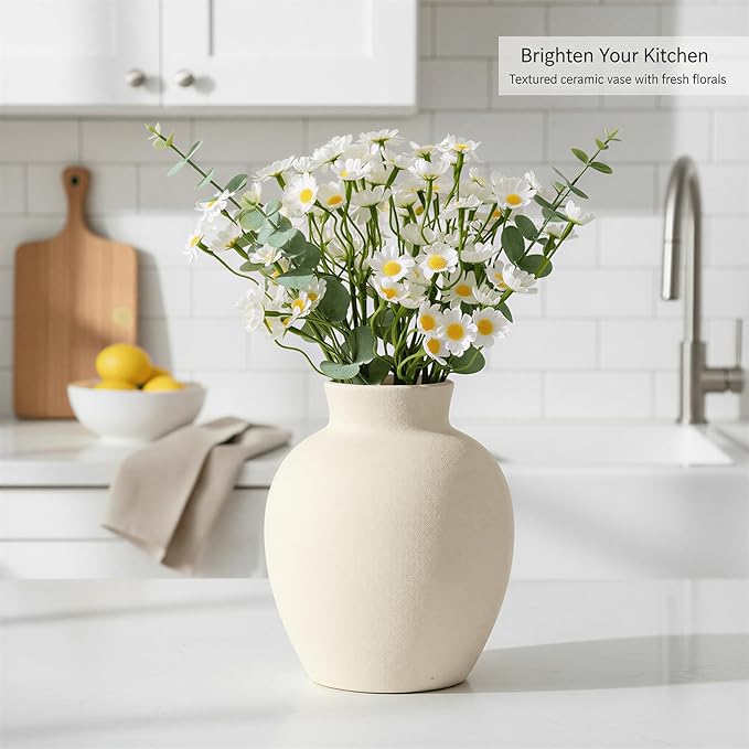 6-Inch Off-White Ceramic Flower Vase, Rustic Farmhouse Boho Pottery Centerpiece for Home Decor, Table, Living Room & Mantel