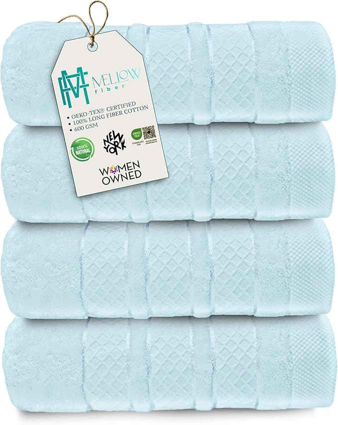 Premium Towel Set: Super absorbent, quick-drying, soft, plush. Features hanging loop, fade-resistant, eco & skin-friendly dyes. Luxury dobby design for bath or spa. (Blue, Bath Towel Set of 4)
