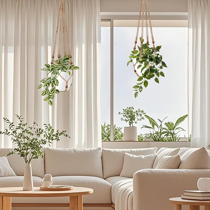 Jute Macrame Plant Hanger Indoor Set of 4 Hanging Planter Basket Flower Pot Holder with Decorative Wood Beads & No Tassels for Indoor Outdoor Boho Home Decor, 35 Inch Brown (Pots Not Included)