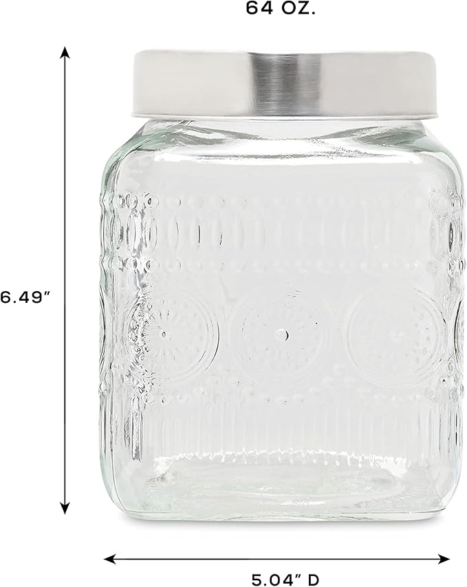 Style Setter Canister Set Decorative Glass Jars Chic Retro Floral Design with Airtight Lids for Cookies, Candy, Coffee, Flour, Sugar, Rice, Pasta, Cereal and More (Medallion Square)