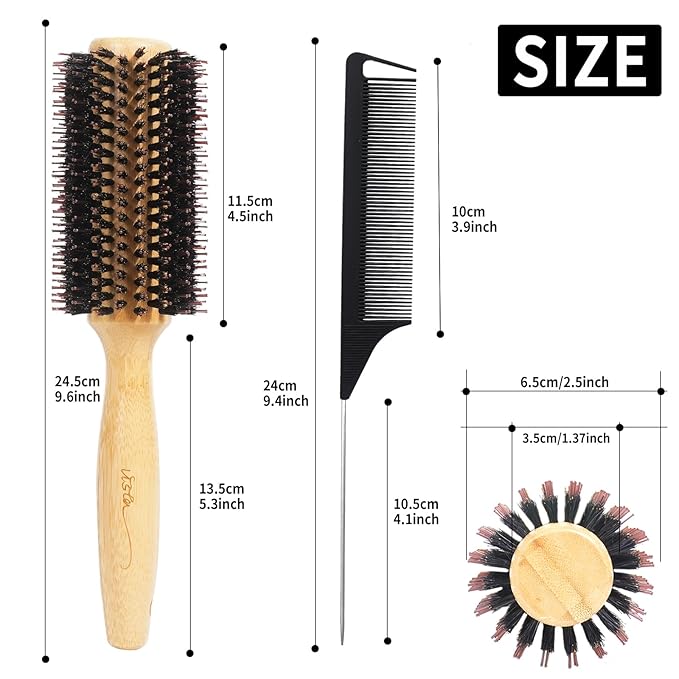 Vista Round Hair Brush with 10mm Boar Bristle 15mm Nylon Bristle Hairbrushes for Women Bamboo Hair Brush Styling with Tail Comb for Blow Drying, Shiny, Smooth, Long, Curly Hair