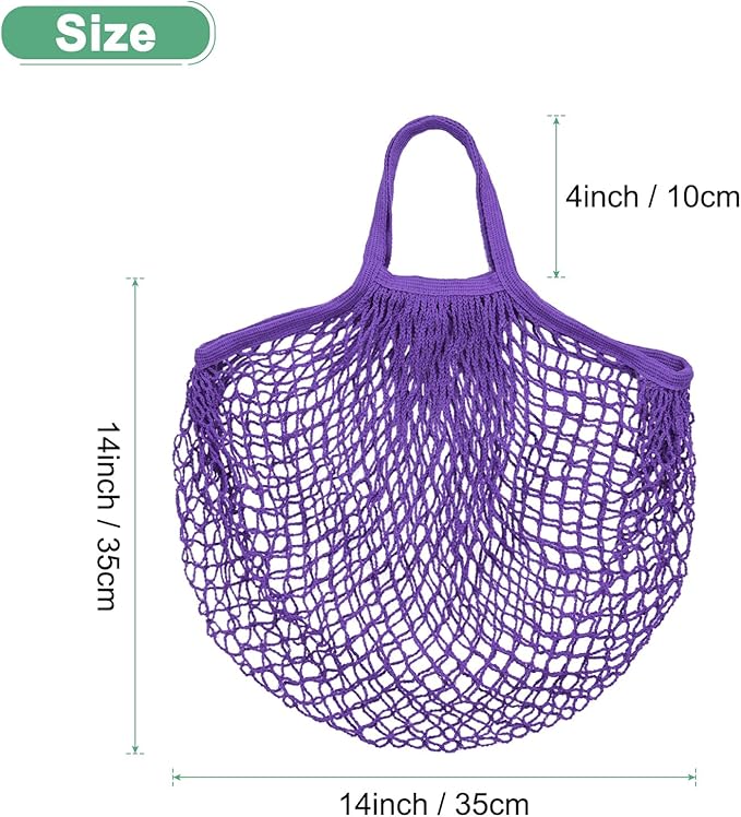 1-Pack Cotton Mesh Bag, Reusable Washable Mesh Net String Grocery Bags, Reusable Produce Bags with Handle, Net Tote Bag for Fruits/Vegetables Shopping [Purple, Short Handle]