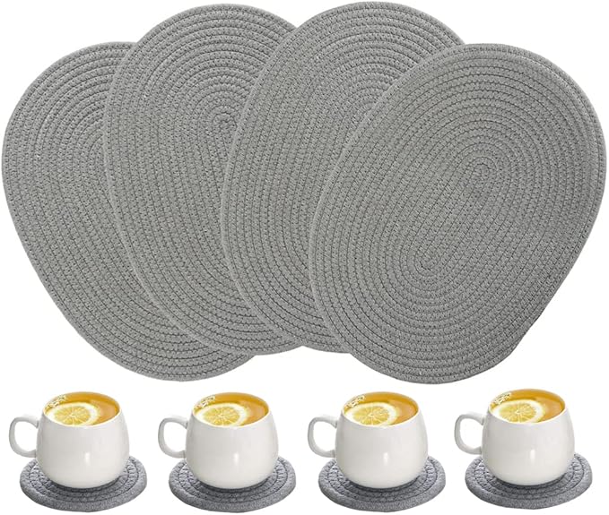 4 Pack Oval Woven Placemats, Gray Cotton Rope Braided Placemats with 4 Pack Round Fabric Coasters, Heat-Resistant Non-Slip Cotton Table Mats Charger Plates for Table Decoration (Gray)