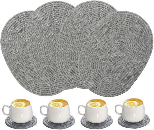 4 Pack Oval Woven Placemats, Gray Cotton Rope Braided Placemats with 4 Pack Round Fabric Coasters, Heat-Resistant Non-Slip Cotton Table Mats Charger Plates for Table Decoration (Gray)