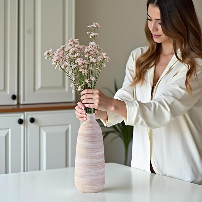 ALMA 2025 Updated 11 in Tall White Beige Vase for Boho Home Decor, Thin Ceramic Vase for Single Rose, Pampas Grass, Decorative Rustic Vase for Flowers, Dining Table Centerpieces,Table Top Decoration
