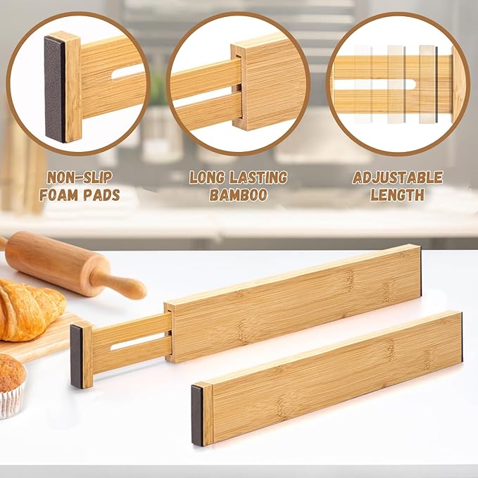 6 pcs Bamboo Kitchen Drawer Dividers Large, Adjustable Drawer Organizers, Spring Loaded, Works in Kitchen, Dresser, Bathroom, Bedroom, Drawer, Desk divider