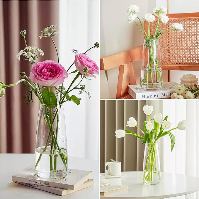 Crystal Clear Glass Vase, Flower Vase for Table Centerpiece Home Decor, Modern Vases for Living Room, Wedding, Office, Coffee Table, Birthday Housewarming Gift, 8.3inch (Clear)