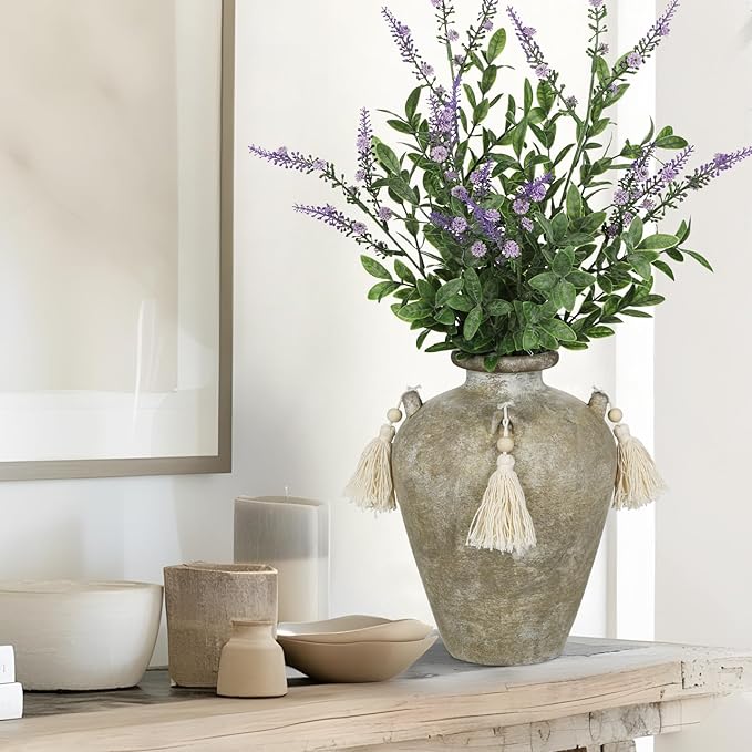 9.4" Large Ceramic Vase for Centerpieces - Rustic Farmhouse Vase with 4 Ears & Tassels, Terracotta Vintage Flower Vases for Tabletop, Desk, Living Room, Bedroom, Entryway, Holiday & Weddings Decor