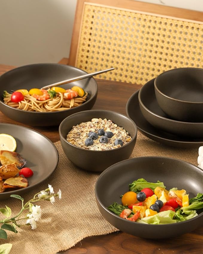 Ceramic Dinnerware Sets, Stoneware Plates and Bowls Sets, Farmhouse 12 Piece Dish Set for 4, Plates Set for Kitchen, Scratch Resistant, Dishwasher & Microwave Safe, Matte Black
