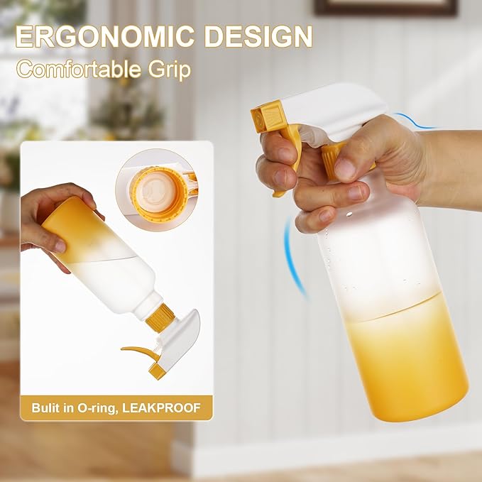 Plastic Spray Bottles 12oz 2 Pack Adjustable Mist/Stream Spraying Heavy Duty Square Water Spray Bottles for Hair, Cleaning Solutions, Plants, Cooking，BBQ，Essential Oils (Yellow)