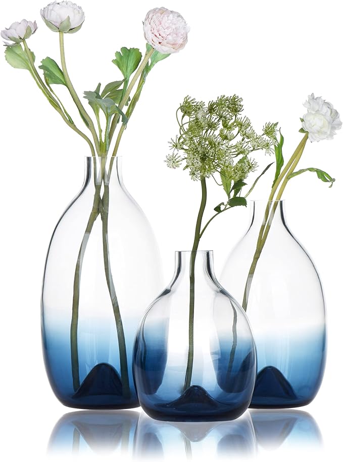 CONVIVA Glass Vase Set Modern Blue Glass Flower vases Decorative Large Home Decor Living Room Dinning Table,Wedding Party Event Tall Tabletop Set of 3