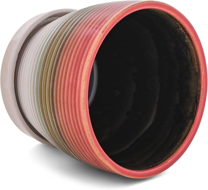 Napco Ribbed Gradient Red, Brown, and Green 4 Inch Ceramic Flower Pot Planter with Saucer