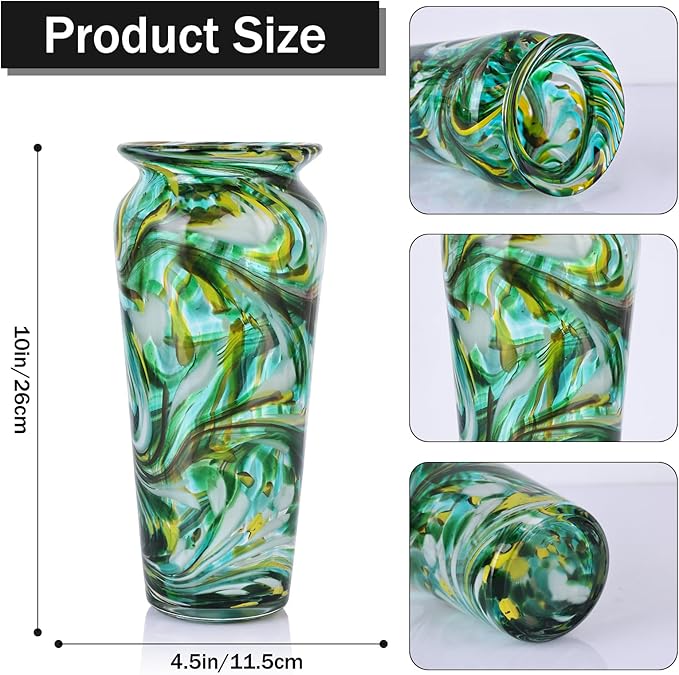 Blown Glass Green vase, Green Home Decorations, Modern Art Wide Mouth vase for Living Room Dining Table Coffee Table entryway TV Cabinet nightstand Centerpiece.