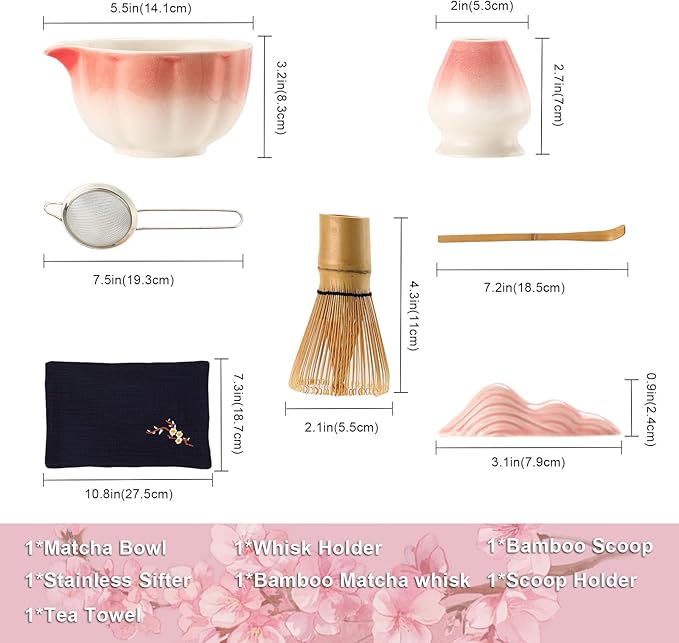 Matcha Whisk Set, 7-Pack Peach Pink Matcha Set - Include Petal Matcha Bowl with Spout, Bamboo Whisk, Chasen Holder, Sifter, Scoop, Tea Towel, Scoop Rest - Perfect Matcha Making Kit for Tea Lover