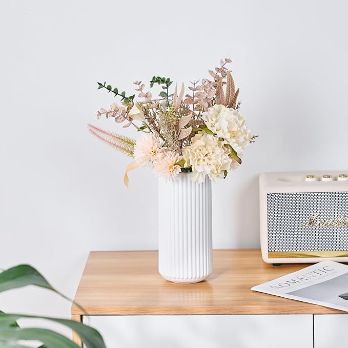 White Ceramic Flower Vase for Pampas Grass, 8 inch Small Decorative Centerpiece Ribbed Vase for Dining Table, Office Desktop, Shelf Bookshelf, Mantel, Entryway, Bathroom, Countertop, Farmhouse, Gift