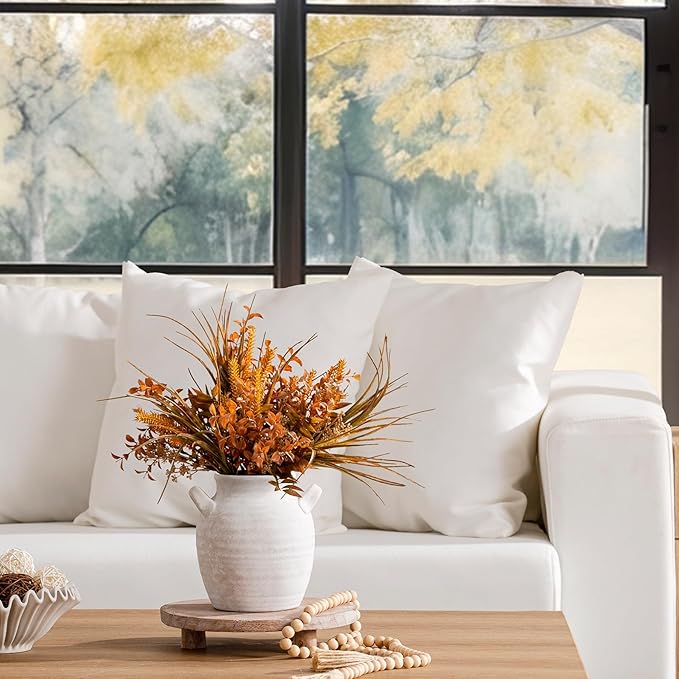 Ceramic Flower Vase Home Decor - Farmhouse Table Vases with Handle Living Room Decoration Vintage Decorative Aesthetic for Shelf Coffee Dining Desk House Bookshelf Fireplace (7.1" Rustic)