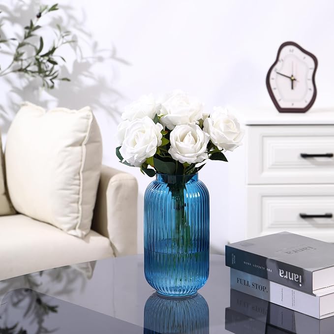 Ribbed Glass Vase, Blue Flower Vase for Bouquet, Glass Vases for Flowers, Modern Vases for Living Room, Bedroom, Kitchen, Dining Table, Office, Wedding, 8.6 Inches