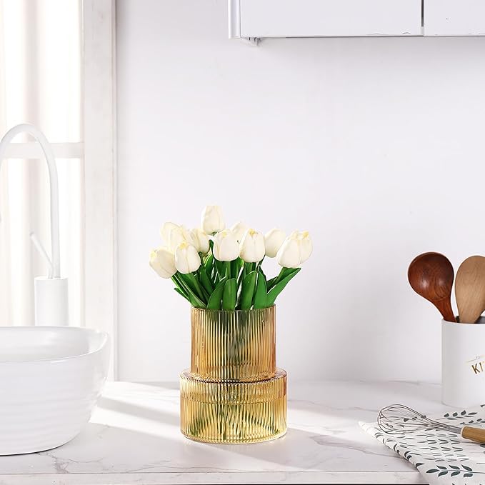 Amber Glass Vase, Ribbed Glass Vase for Tulips, Flower Vases for Bouquet, Amber Modern Vases for Living Room, Dining Table, Entryway, Mantle, Shelf, Wedding, Office, 7.5 Inches