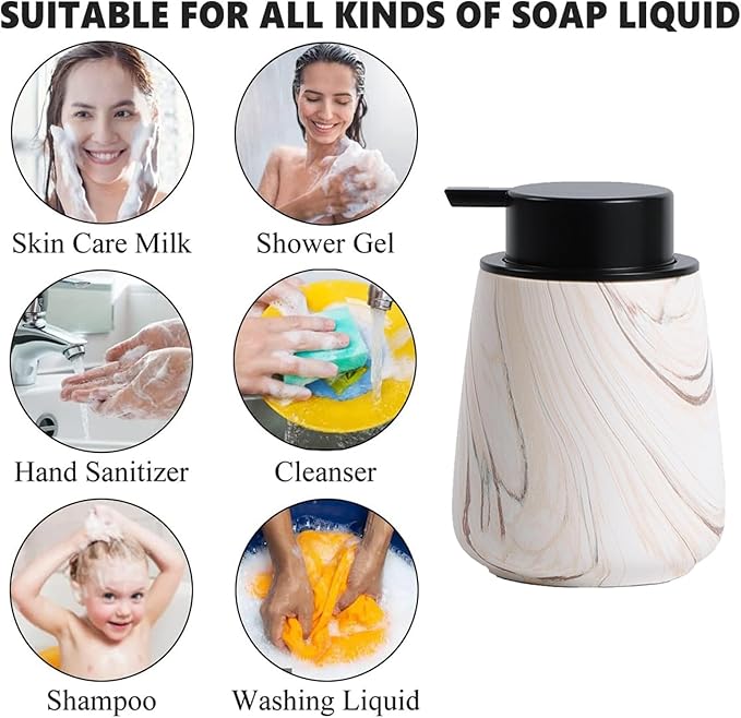 12Oz Ceramic Liquid Soap Dispenser - Modern Lotion Hand Soap Dispenser with Easy-to-Press Black Pump, Reusable and Refillable Dish Soap Dispensers for Bathroom & Kitchen, Marble Brown