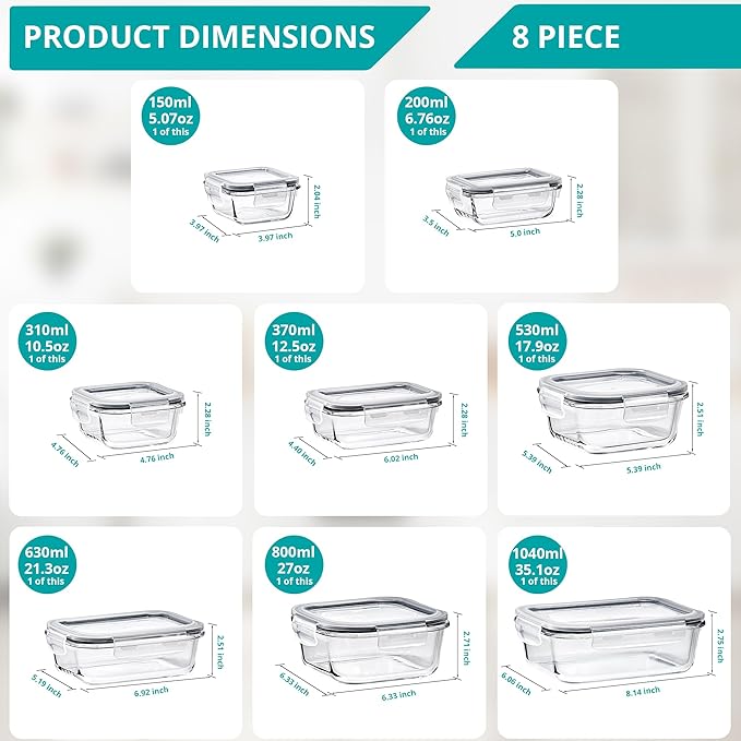 Sorbus 16pc Glass Meal Prep Containers Set – 4 Square and 4 Round Food Storage Containers with Airtight Lids – Freezer, Dishwasher, Oven Safe – Reusable Glass Containers for Meal Prep and Storage