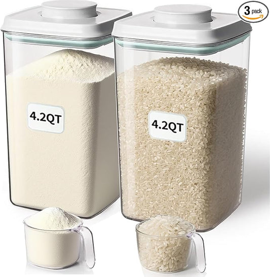 Airtight Food Storage Container with Pop Lid & 130ml Scoop, 4L/4.2qt *2 BPA-Free Cereal, Rice, Flour, Pasta & Snack Container, Stackable & Durable,Kitchen Pantry Organizer