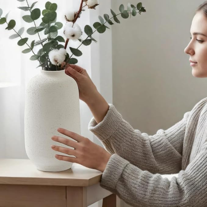 Large White Ceramic Vase, 10.8 inch Tall Textured Flower Vase, Minimalist Vintage Farmhouse Decor for Home, Living Room, Shelf, Table, Wedding Gift & Entryway Decoration (Sandstone White)