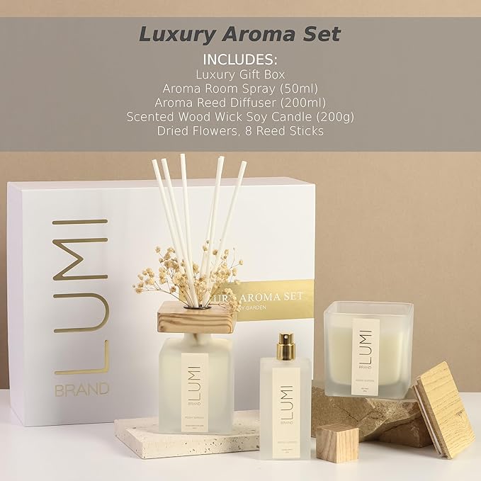 Luxury Aroma Gift Set | Peony Garden - Reed Diffuser (200ml), Wood Wick Soy Candle (200g), Room Spray (50ml) | Includes Dried Flowers & 8 Reeds | Luxurious Home Fragrance for Home Décor & Gifts
