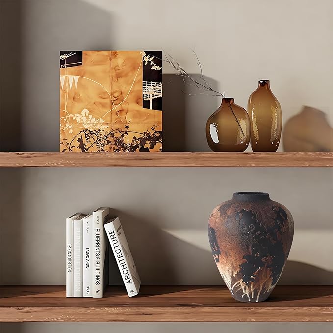 Rustic Vase for Flowers, 8.9'' Brown Farmhouse Ceramic Vases for Home Decor, Minimalist Decorative Vase for Living Room, Entryway, Shelf, Premium Pottery Clay Table Centerpiece Decor.