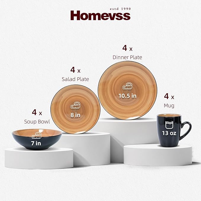 Sonoma 16pc Stoneware Dinnerware Set, Outside Black + Inside Hand Painting Color Mocha