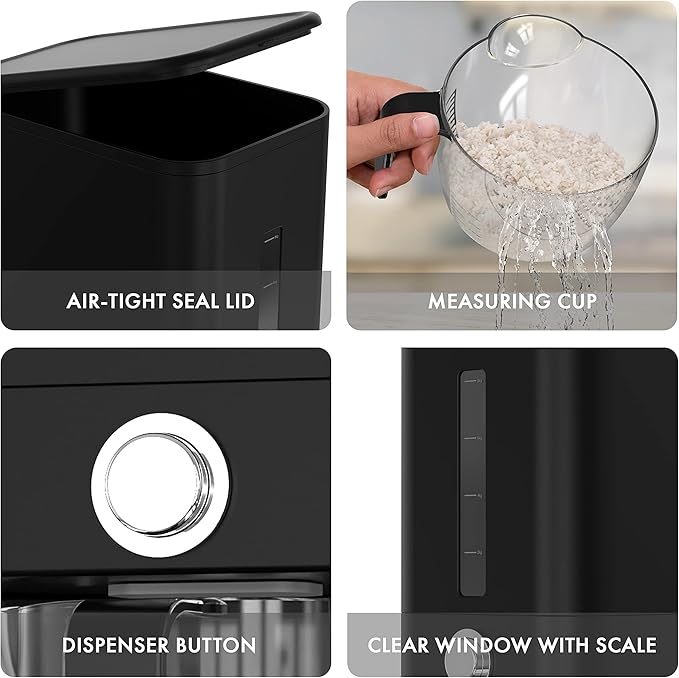25lb Rice Dispenser - Air Tight Grain & Rice Container With Easy To Use Dispensing, Measuring Cup, & Sponge - NEW Black Design Grain Storage Container