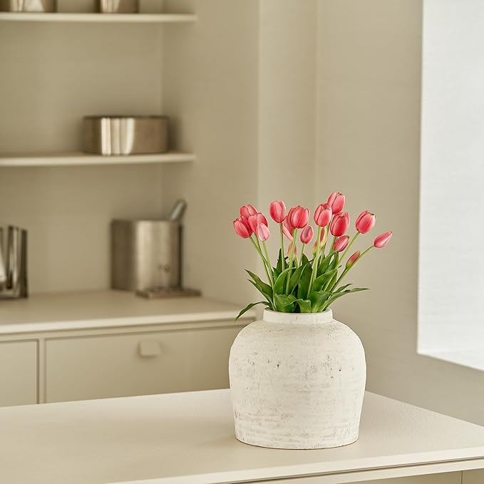 LB2 Large White Ceramic Vase, 11" Tall Zen Style Rustic vase, Terra Cotta Pitcher Vase, Distressed Farmhouse Decor, Pottery Decorative Flower for Home Decor (H 11" X 11")