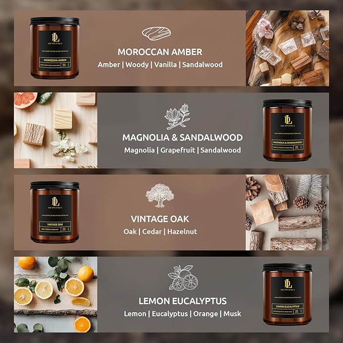Scented Candles Set, Soy Candles for Home Scented, 4 Pack 28oz Candle Gifts for Men Women, Scents of Magnolia & Sandalwood/Moroccan Amber/Lemon Eucalyptus/Vintage Oak
