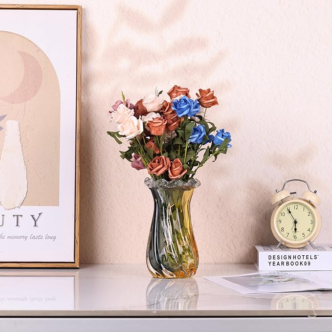 Amber Glass Vase Home Decor, Hand Blown Glass Vases Wide Mouth for Pampas Grass and Flower Decorative, Modern Minimalism Art Murano Clear Glass Vase, Coffee Table, Office Centerpiece