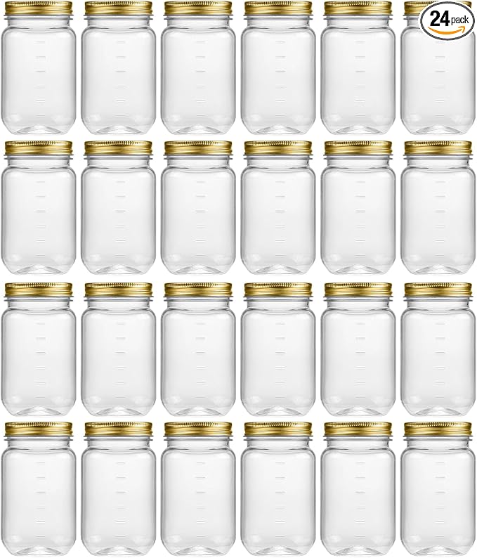novelinks 16 oz Clear Plastic Jars with Screw-On Lids - BPA-Free Refillable Storage Containers for Slime, Food, Crafts, Kitchen & Household Use (24 Pack,Gold)