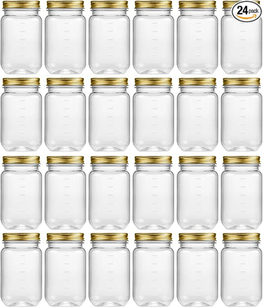 novelinks 16 oz Clear Plastic Jars with Screw-On Lids - BPA-Free Refillable Storage Containers for Slime, Food, Crafts, Kitchen & Household Use (24 Pack,Gold)